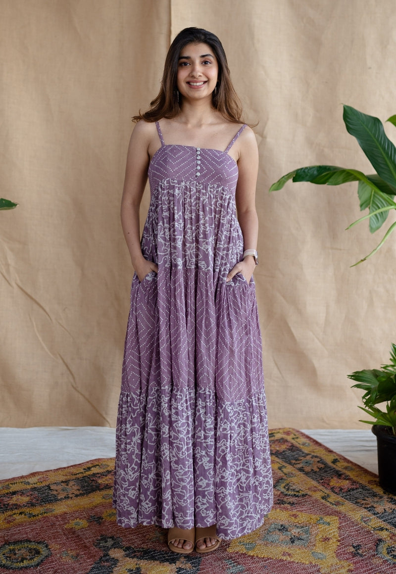 Vihaa Lavender Batik MulMul Cotton A Line Dress