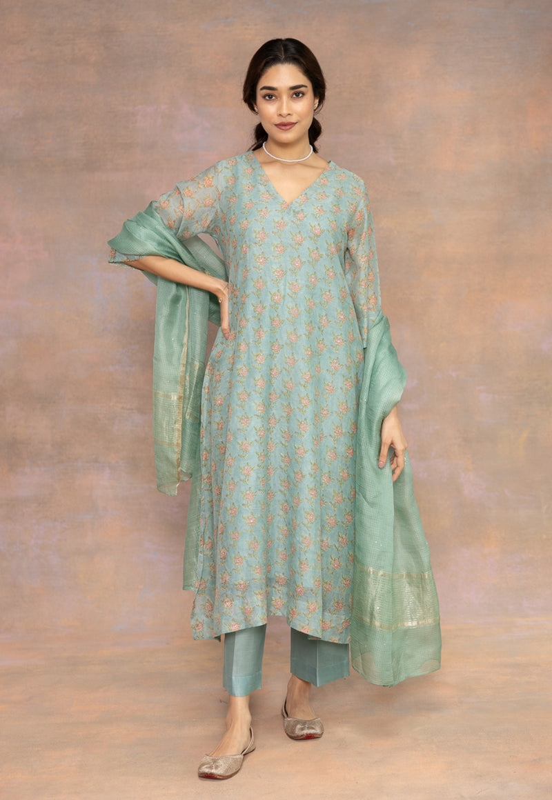 Rosalia Blue Sanganeri Chanderi Silk A Line Kurta with Hand Embroidery, Mukaish Detailing and Slip