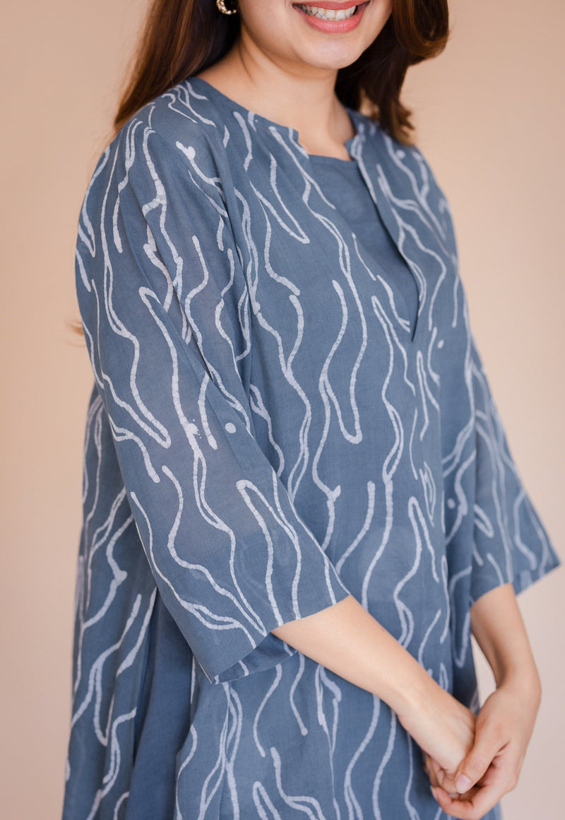 Jarsha Blue Batik MulMul A Line Kurta with Slip