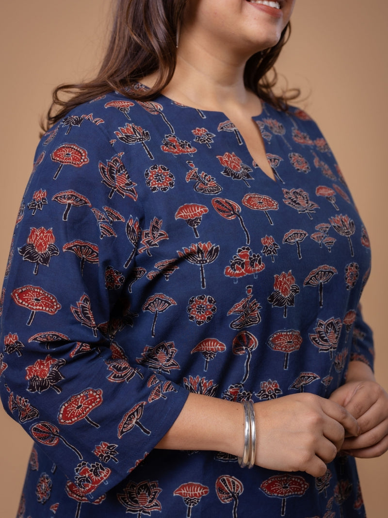 Mishel Blue Ajrakh Cotton Straight Short Top