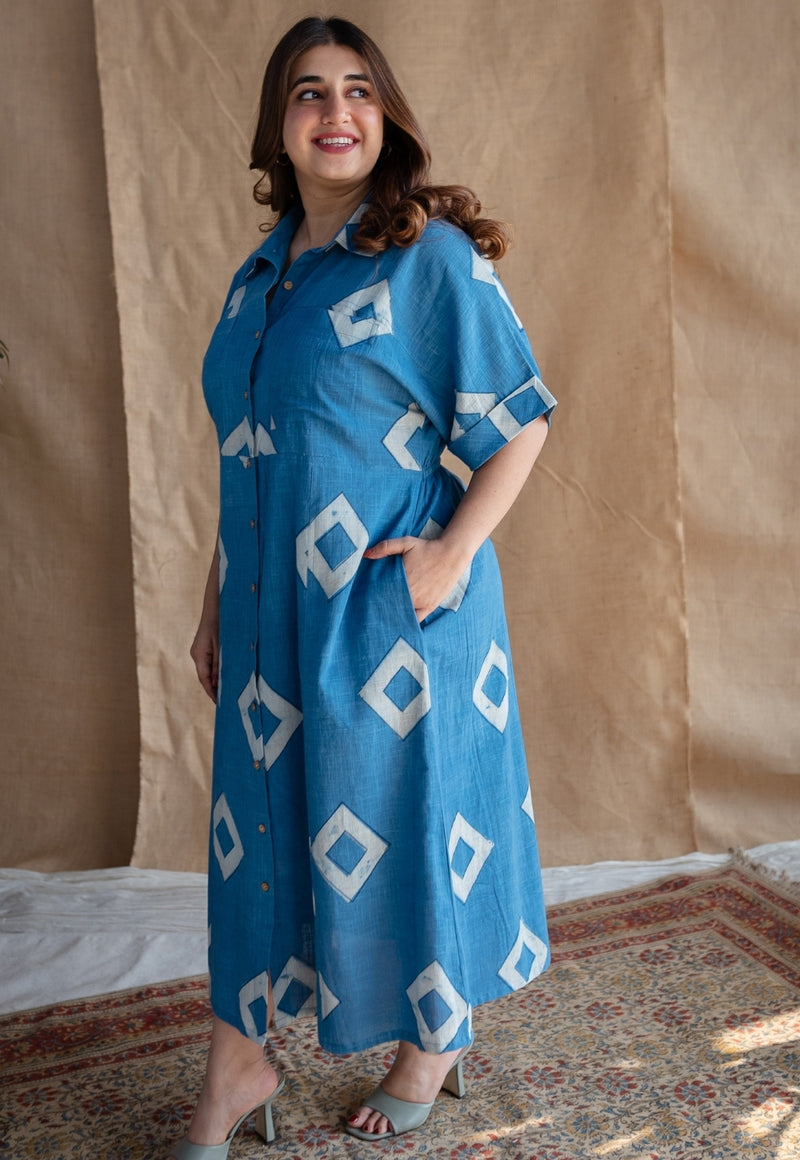 Arham Blue A Line Dabu Slub Cotton Dress