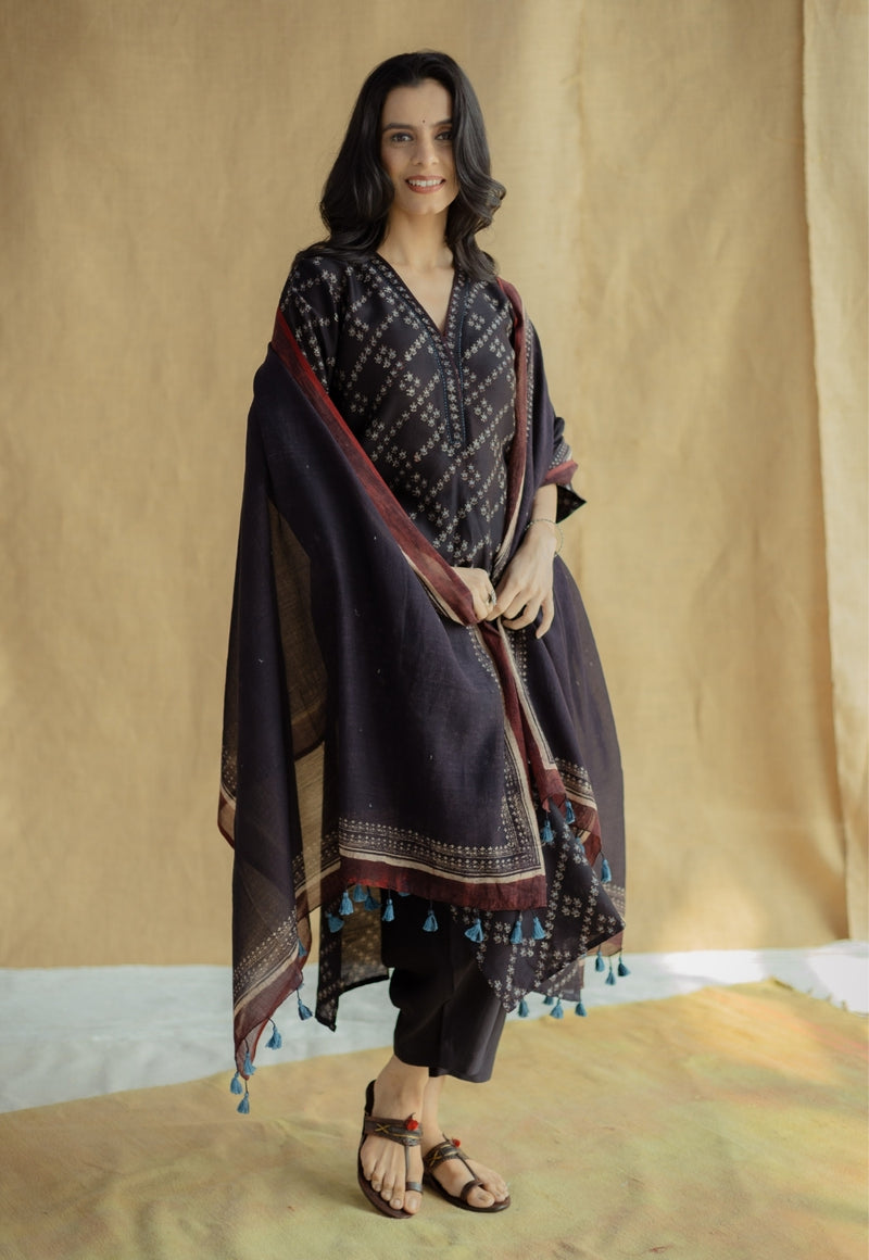 Avika Black Ajrakh Chanderi Silk Straight Kurta with Hand Embroidery