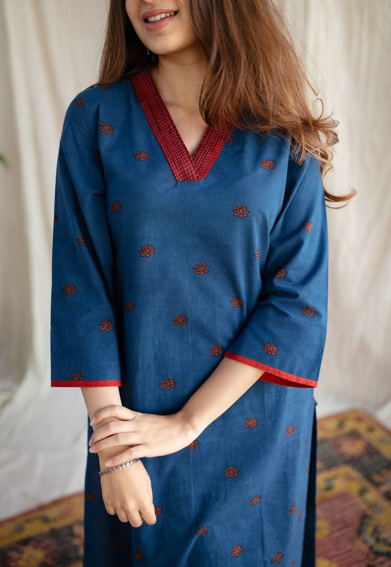 Kamal Indigo Ajrakh Cotton Straight Kurta