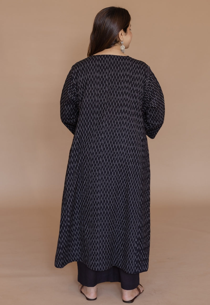 Alizah Black Handloom Ikkat Cotton Jhabbha Kali Kurta