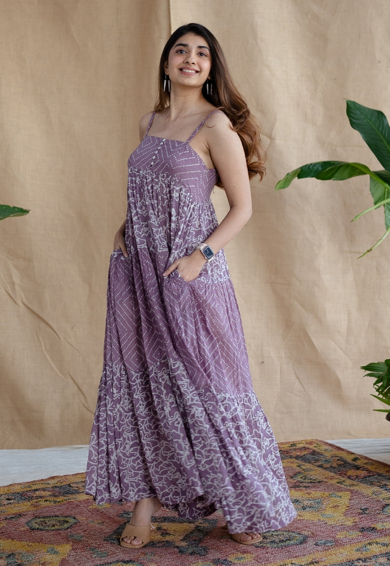 Vihaa Lavender Batik MulMul Cotton A Line Dress