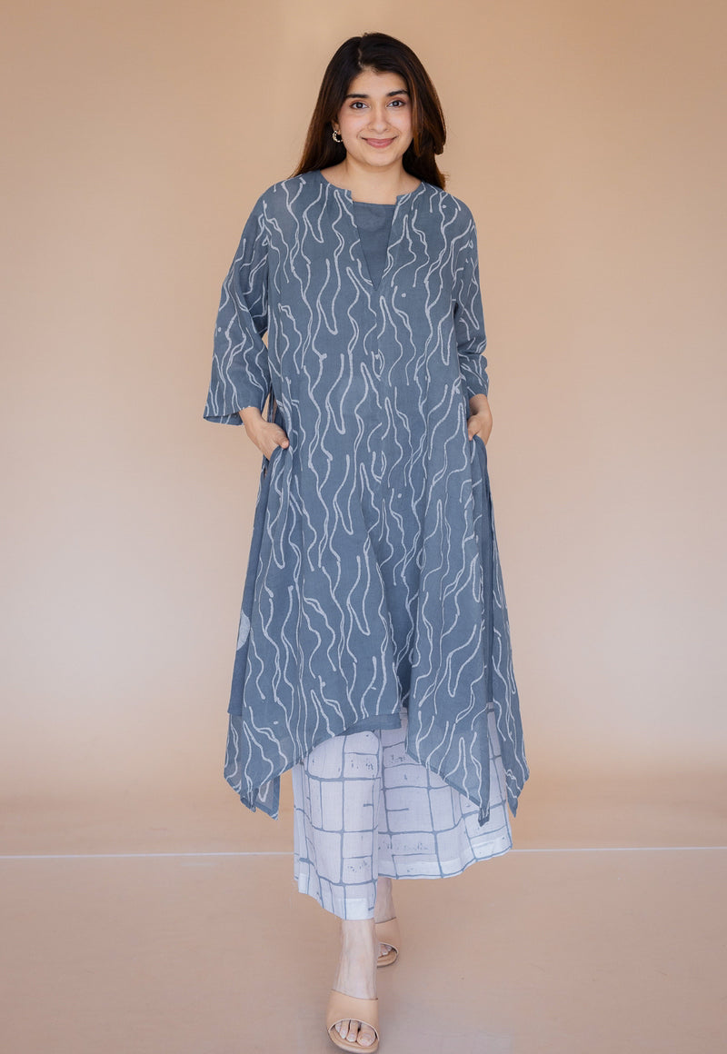 Jarsha Blue Batik MulMul A Line Kurta with Slip