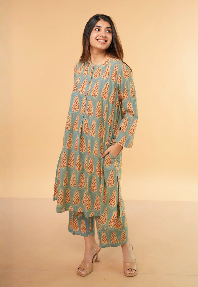 Ayaat Blue Ajrakh Cotton Straight Co-Ord Set