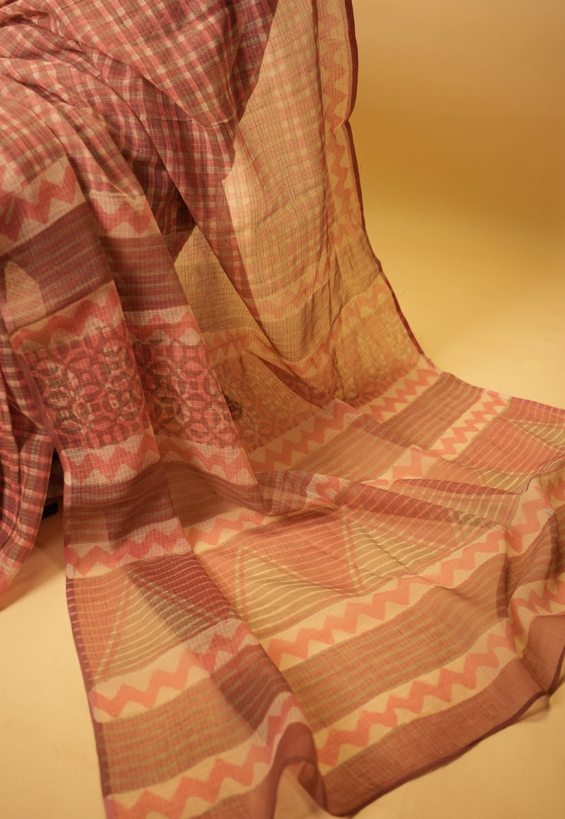 Pink Checks Dabu Hand Block Print Kota Doria Saree