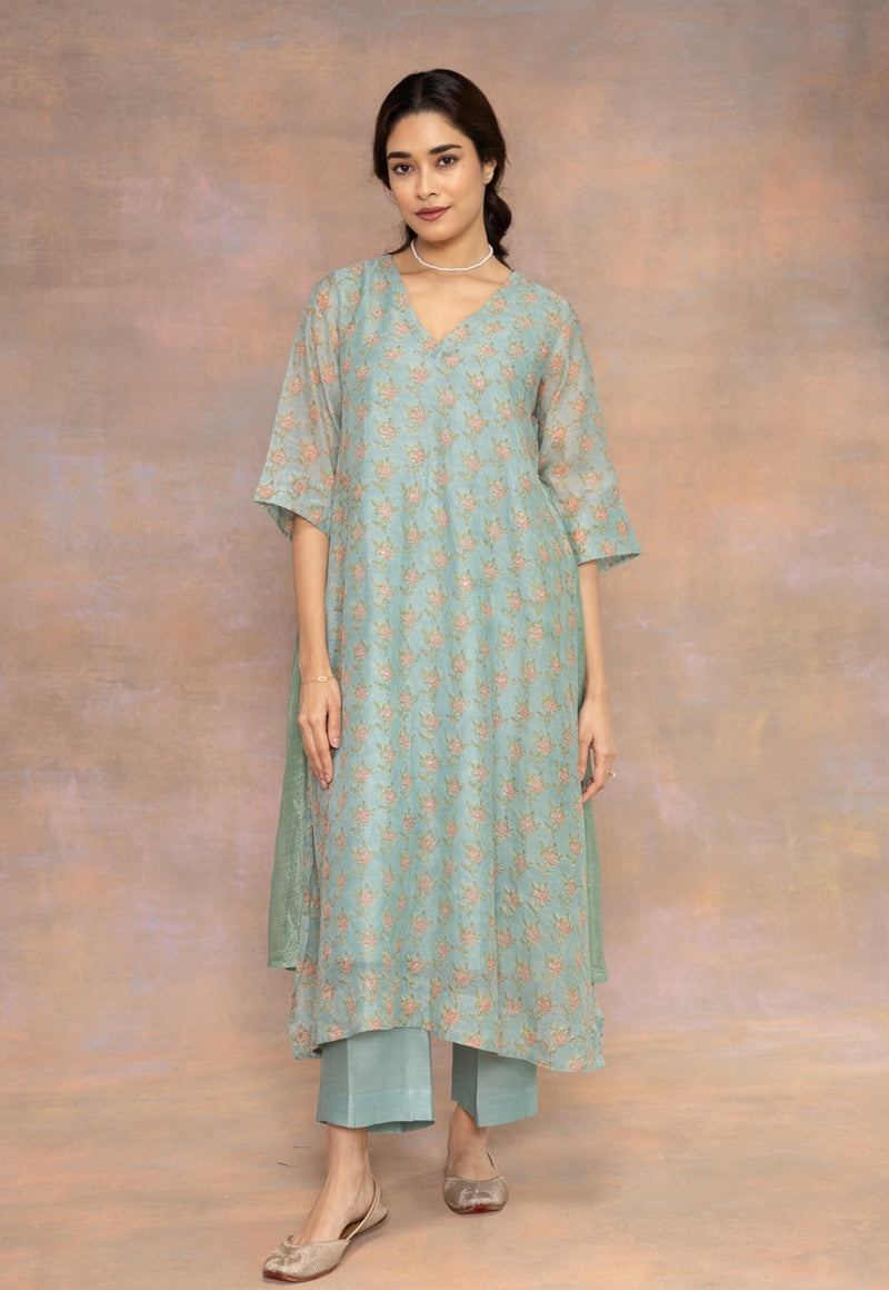 Yashi Blue Solid Chanderi Silk Straight Pant