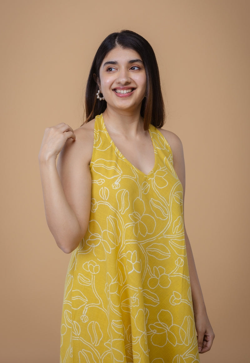 Tashi Yellow Dabu Slub Cotton A Line Dress