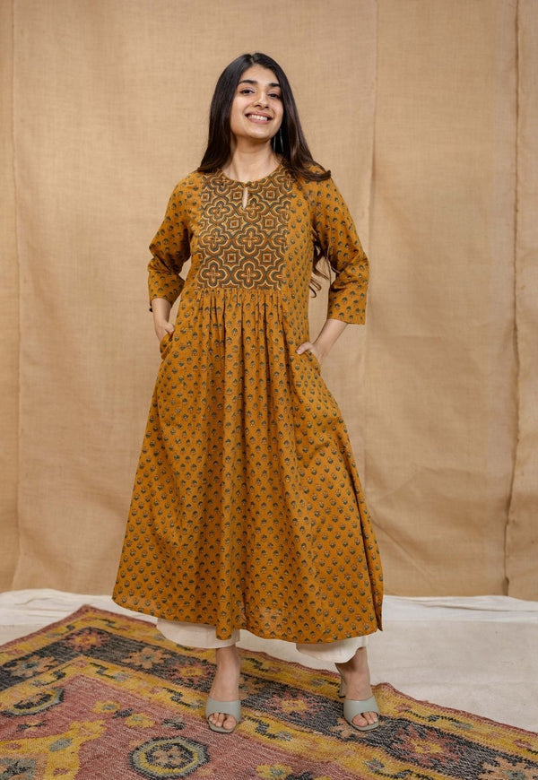 Shikha Mustard Ajrakh Cotton A Line Kurta