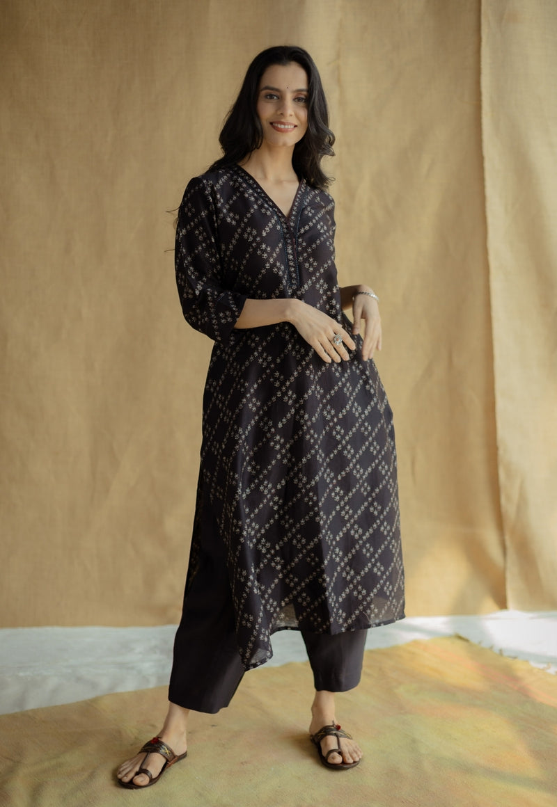 Avika Black Ajrakh Chanderi Silk Straight Kurta with Hand Embroidery