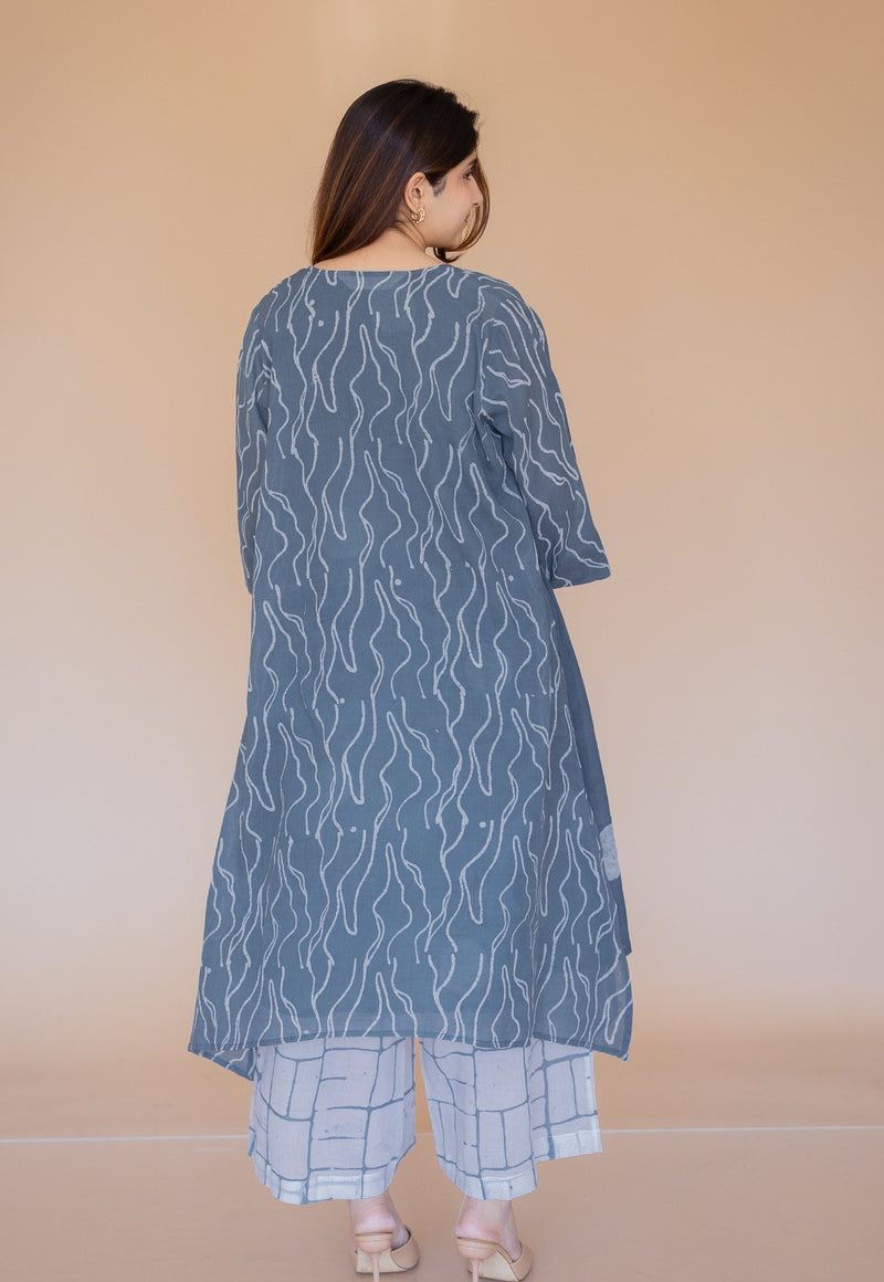 Jarsha Blue Batik MulMul A Line Kurta with Slip