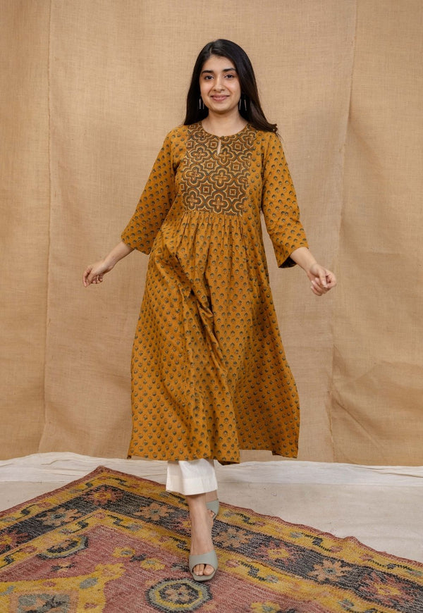 Shikha Mustard A Line Ajrakh Cotton Kurta