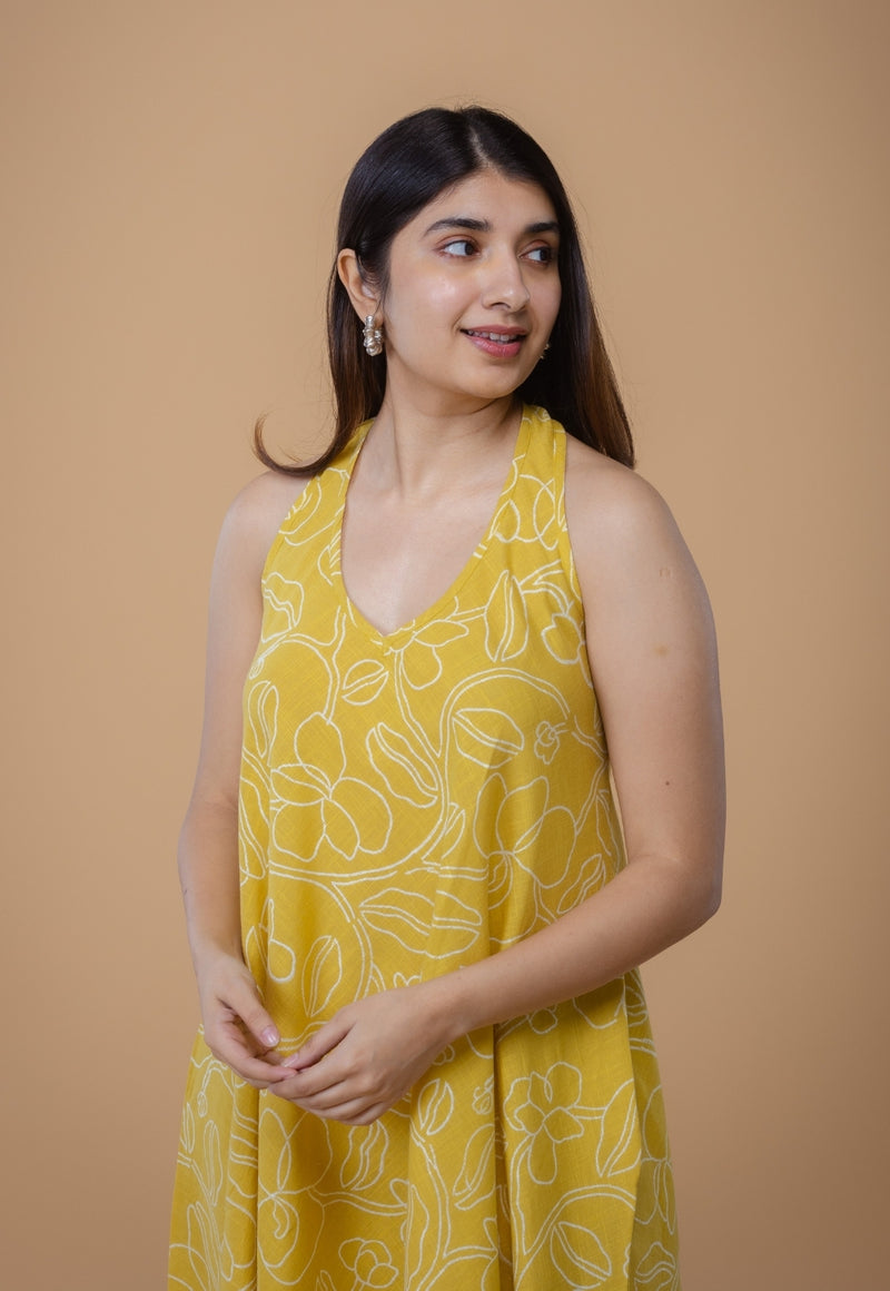 Tashi Yellow Dabu Slub Cotton A Line Dress