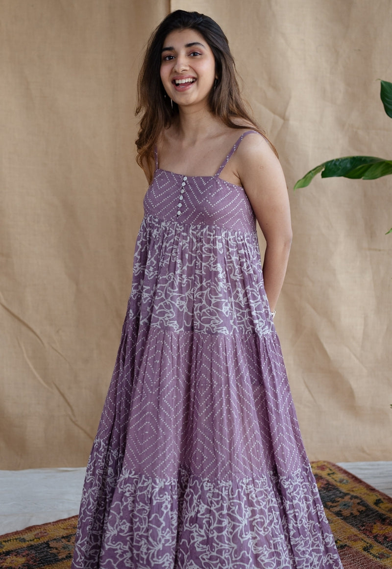 Vihaa Lavender Batik MulMul Cotton A Line Dress