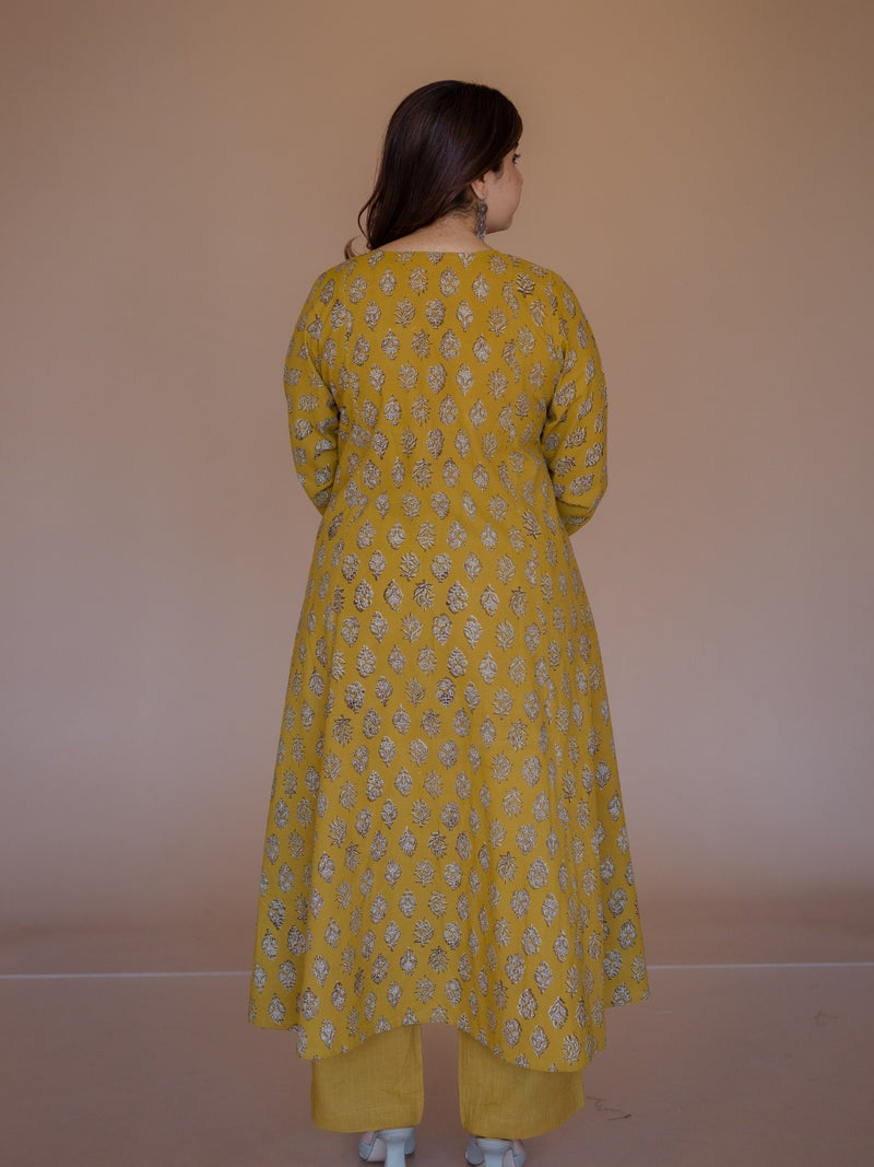 Akrita Yellow Bagru Cotton Kali Kurta