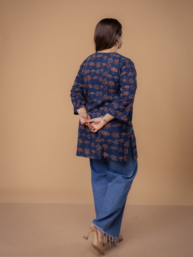 Mishel Blue Ajrakh Cotton Straight Short Top