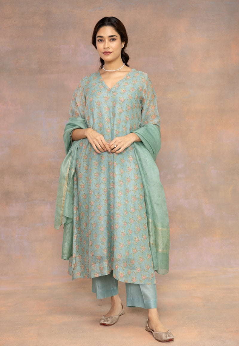 Rosalia Blue Sanganeri Chanderi Silk A Line Kurta with Hand Embroidery, Mukaish Detailing and Slip