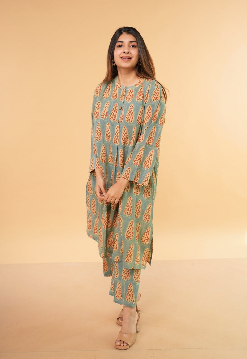 Ayaat Blue Ajrakh Cotton Straight Co-Ord Set