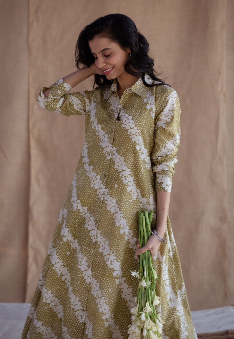 Trusha Moss Green Batik Cotton A Line Dress