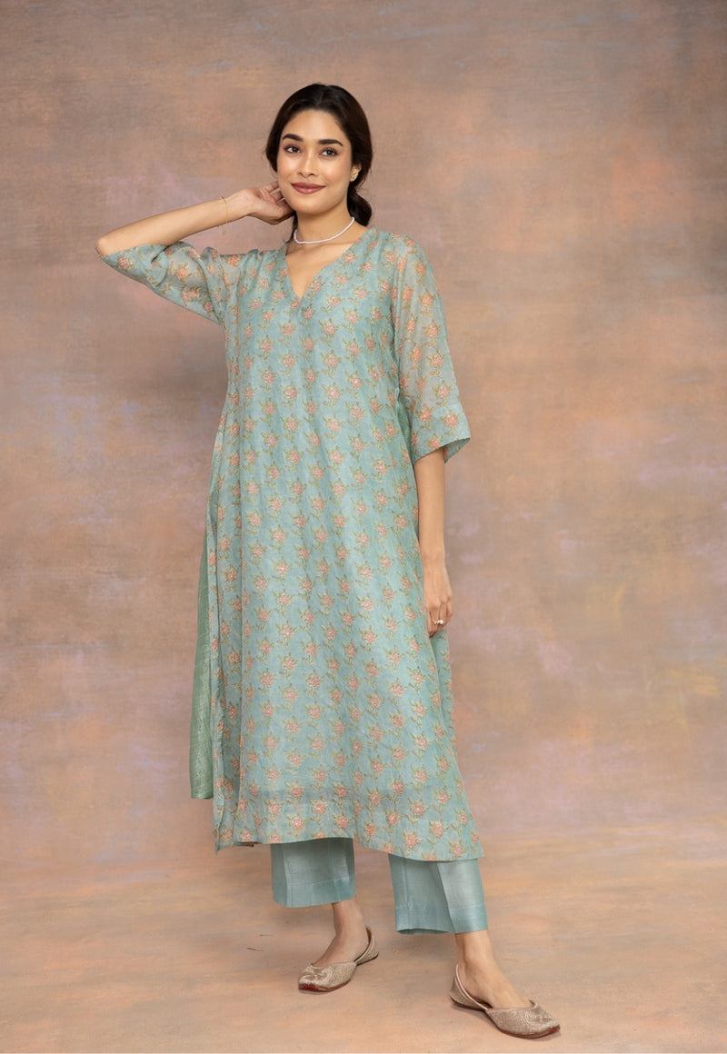 Rosalia Blue Sanganeri Chanderi Silk A Line Kurta with Hand Embroidery, Mukaish Detailing and Slip