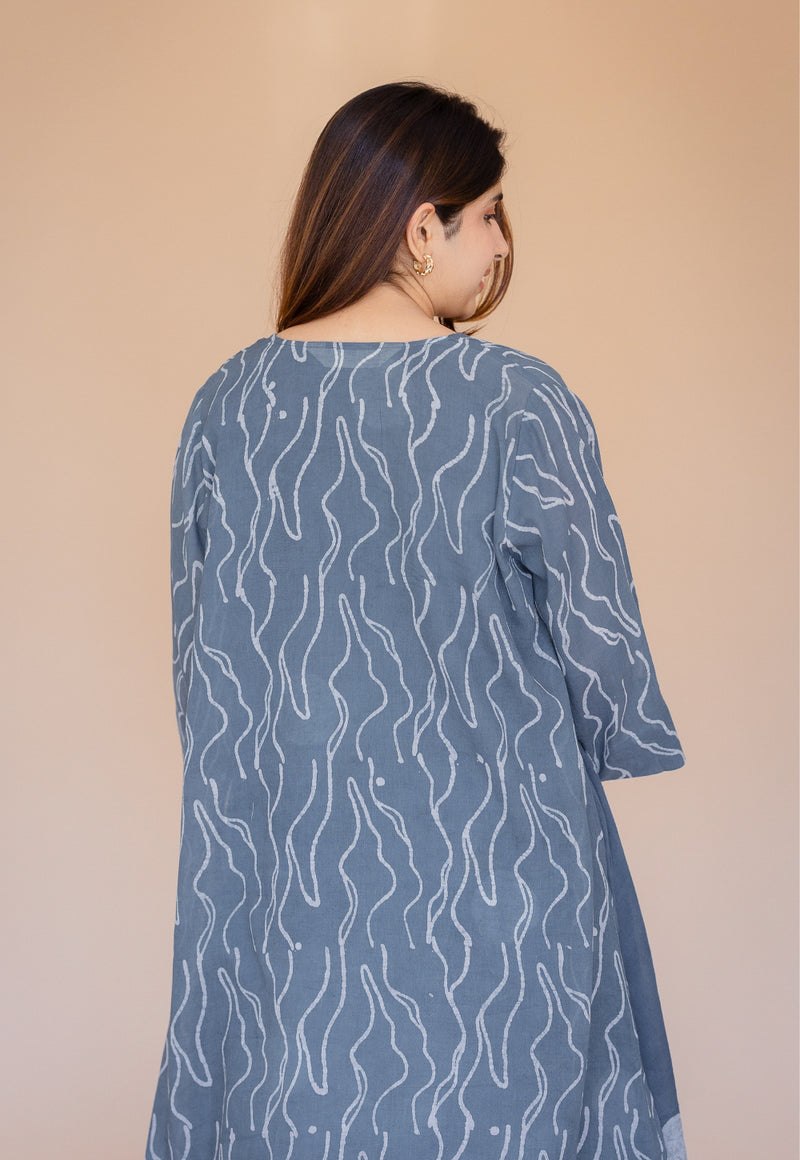 Jarsha Blue Batik MulMul A Line Kurta with Slip