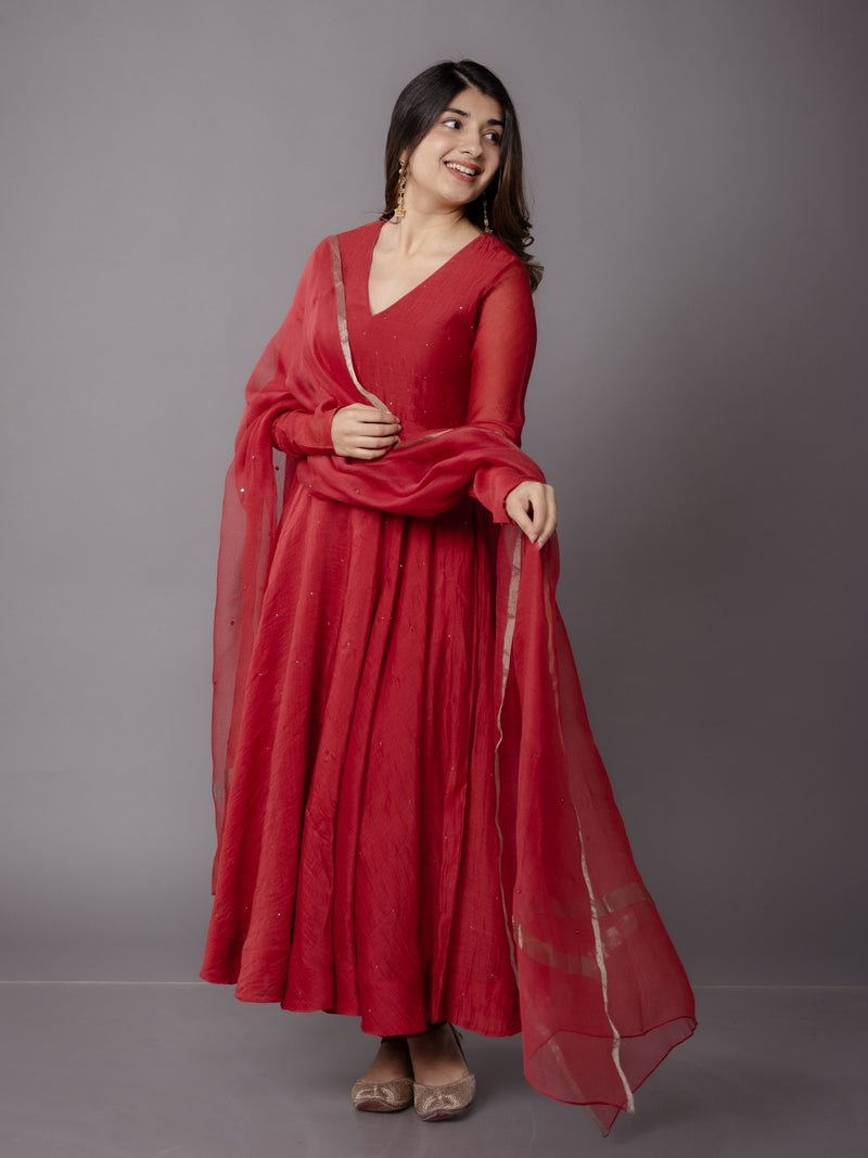 Tara Red Solid Chanderi Silk A Line Kurta with Mukaish Detailing
