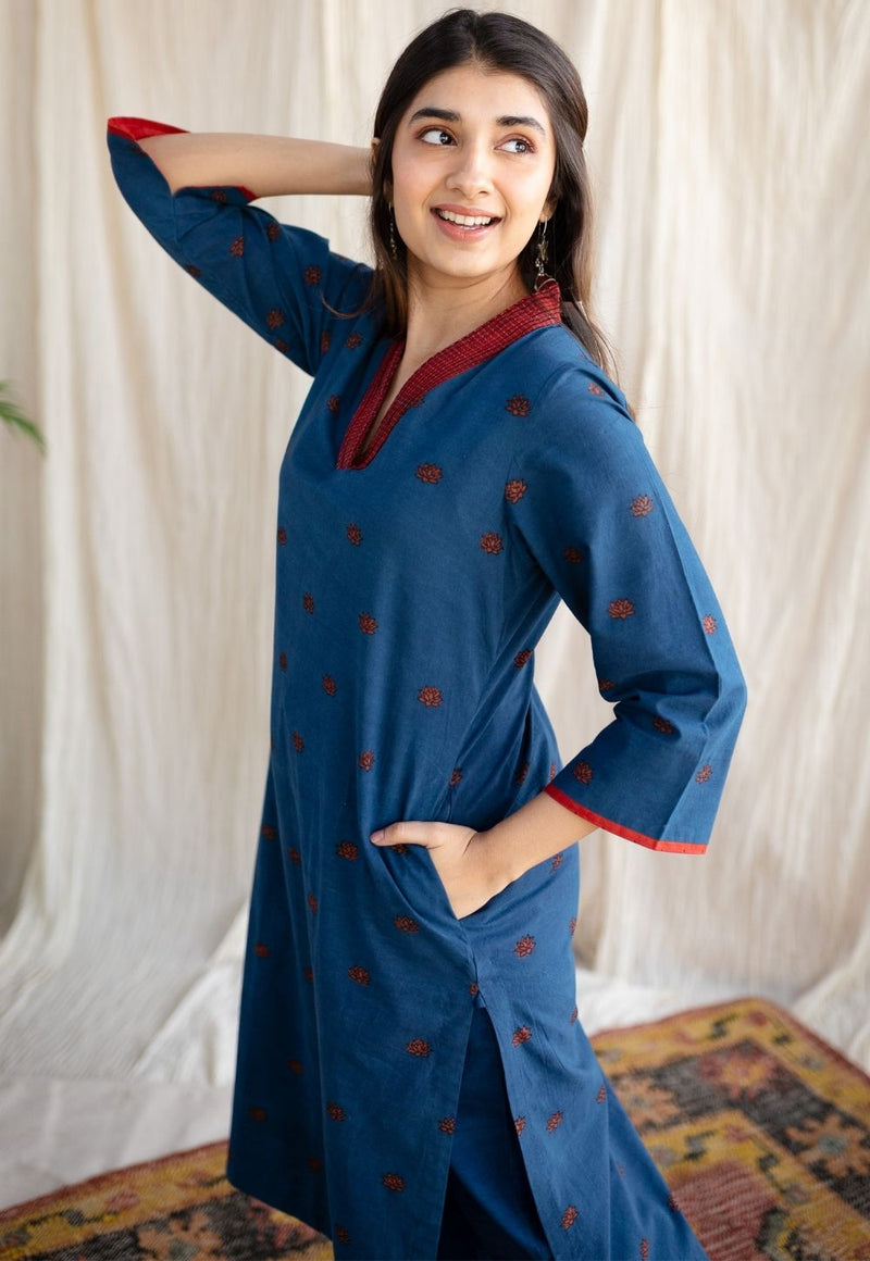 Kamal Indigo Ajrakh Cotton Straight Kurta