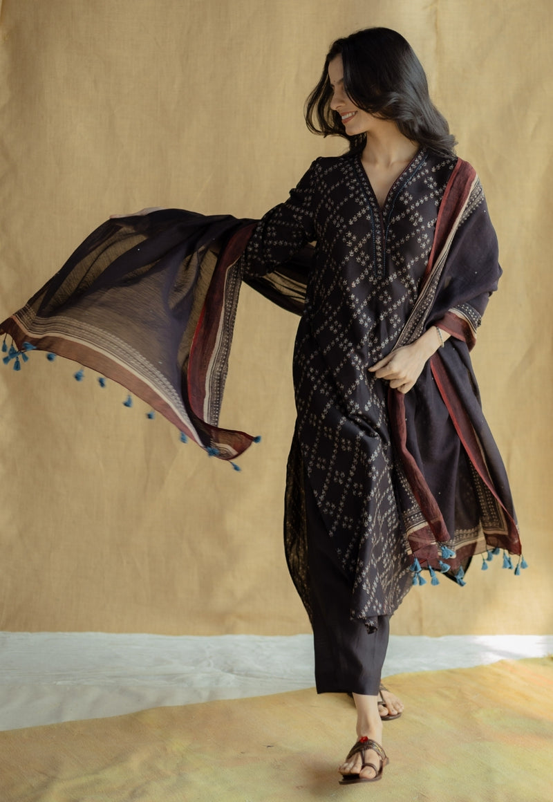 Avika Black Ajrakh Chanderi Silk Straight Kurta with Hand Embroidery