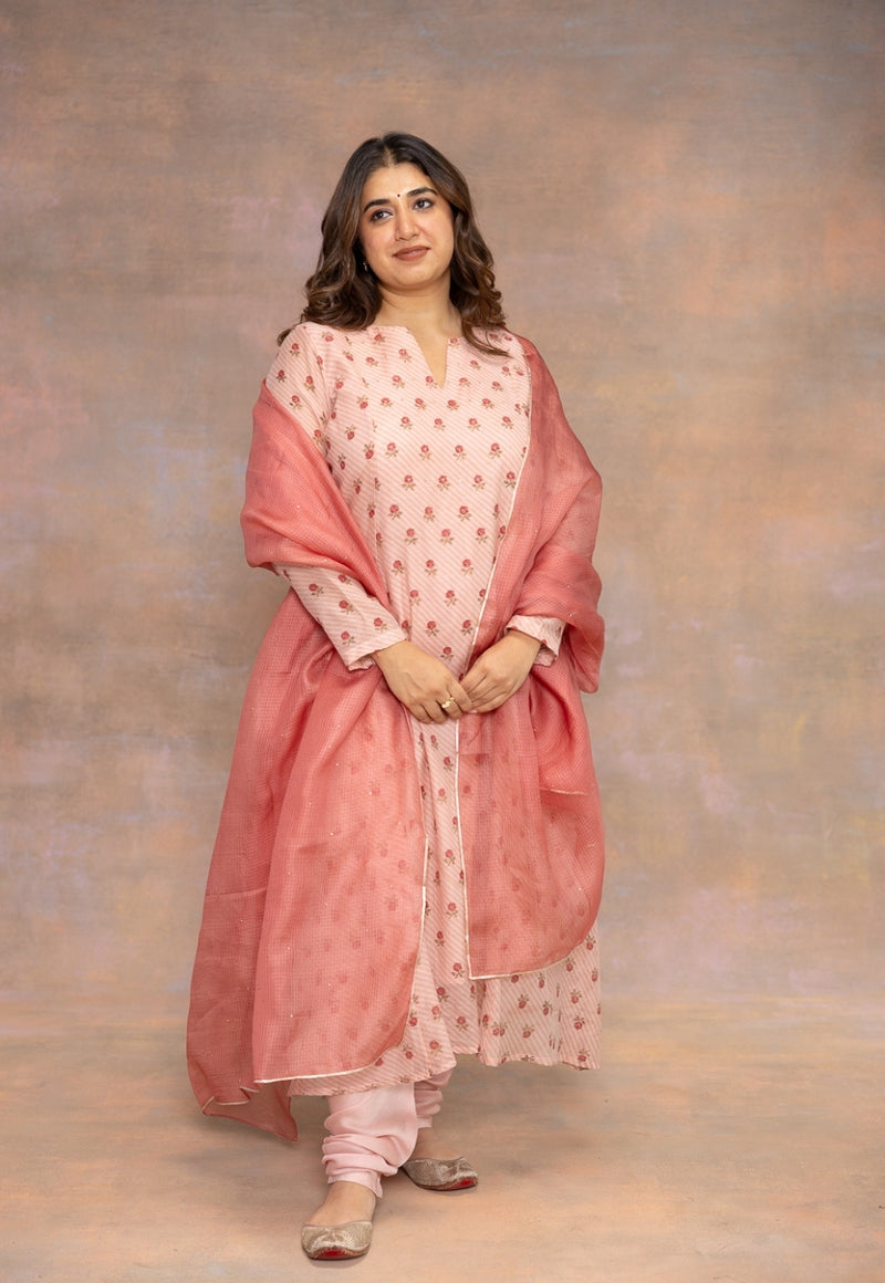 Rose Pink Sanganeri Chanderi Silk Kali Kurta with Hand Embroidery