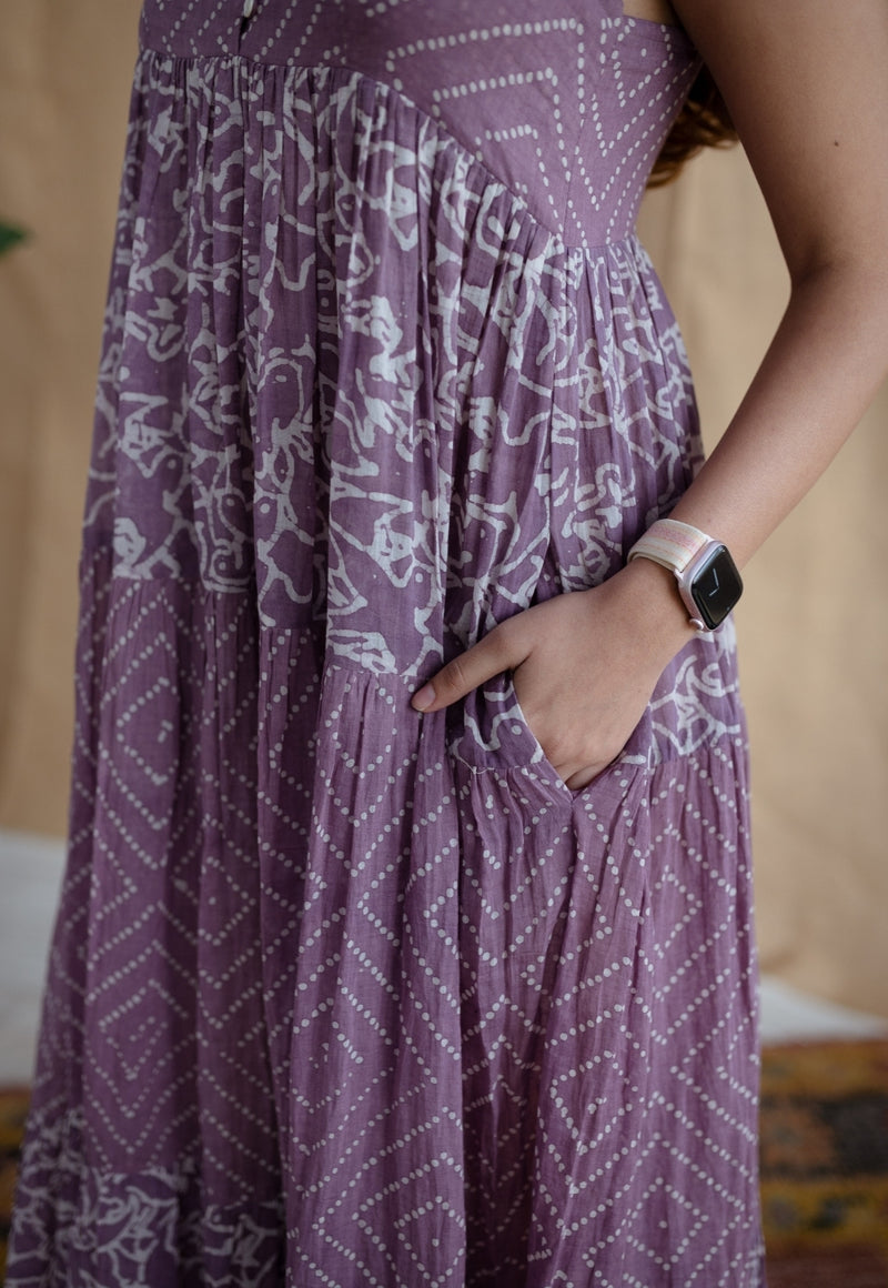 Vihaa Lavender Batik MulMul Cotton A Line Dress