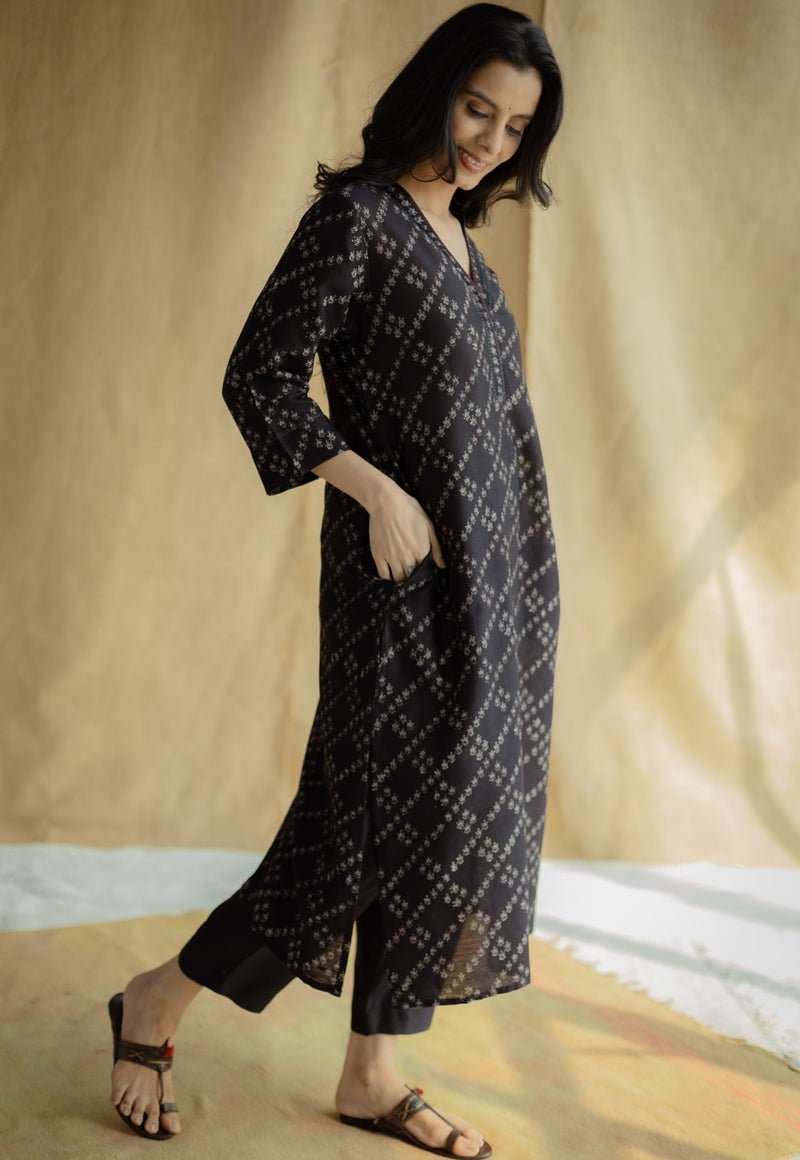 Avika Black Ajrakh Chanderi Silk Straight Kurta with Hand Embroidery