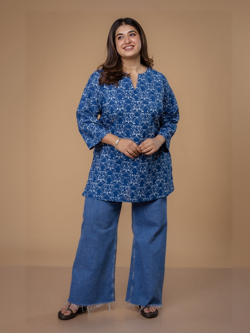 Mishel Blue Dabu Cotton Straight Short Top