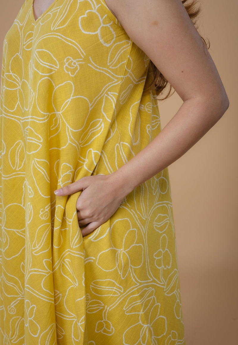 Tashi Yellow Dabu Slub Cotton A Line Dress
