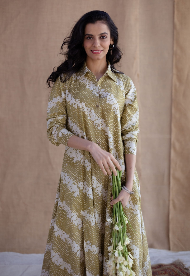 Trusha Moss Green Batik Cotton A Line Dress