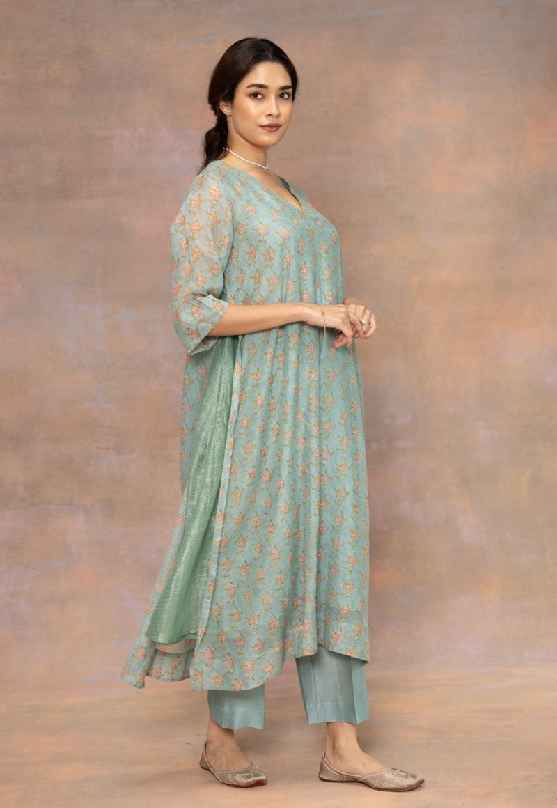 Rosalia Blue Sanganeri Chanderi Silk A Line Kurta with Hand Embroidery, Mukaish Detailing and Slip