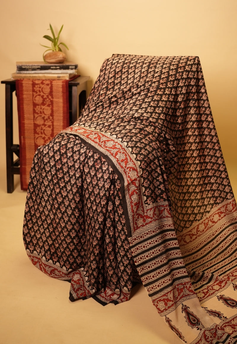 Black Butta Bagru Hand Block Print Modal Saree