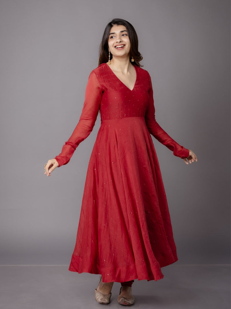 Tara Red Solid Chanderi Silk A Line Kurta with Mukaish Detailing