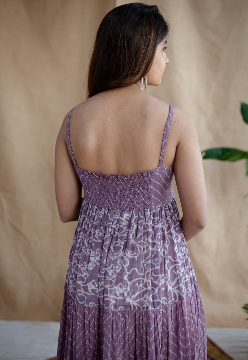 Vihaa Lavender Batik MulMul Cotton A Line Dress