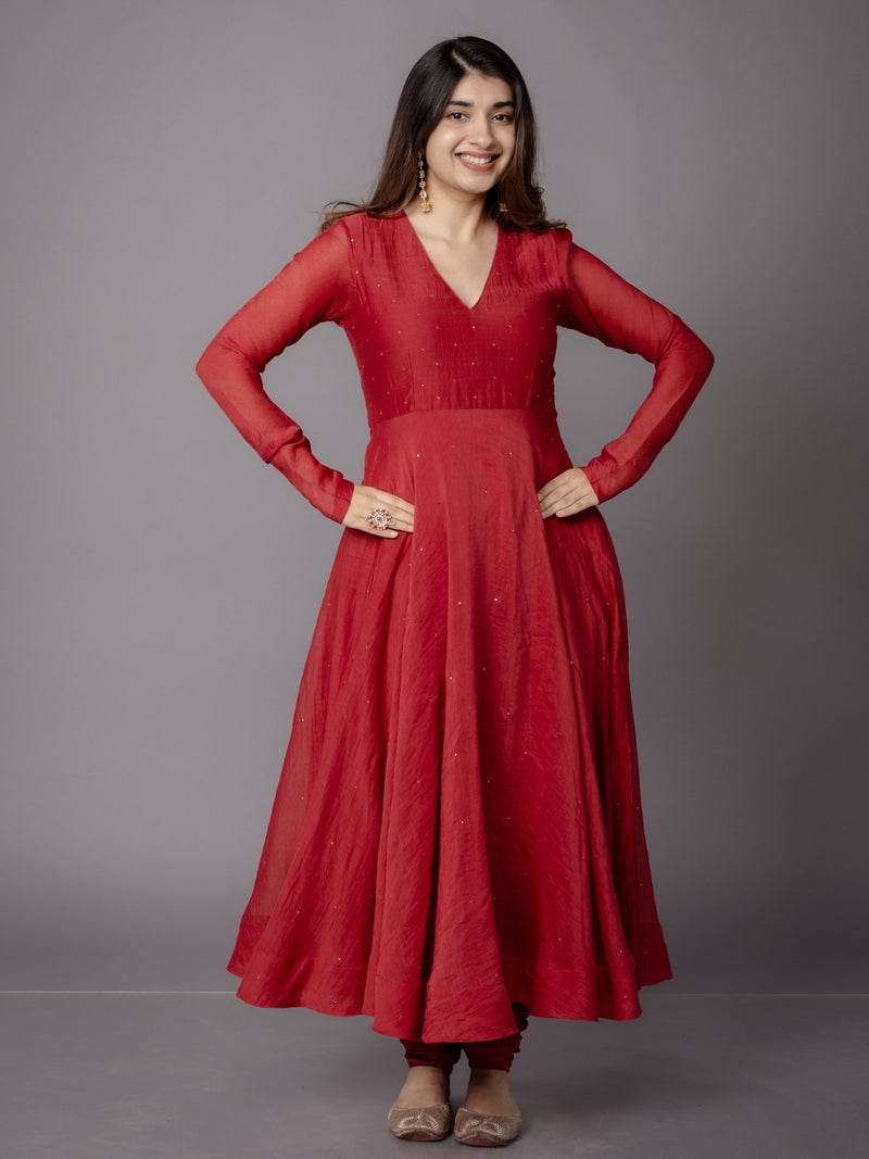 Tara Red Solid Chanderi Silk A Line Kurta with Mukaish Detailing