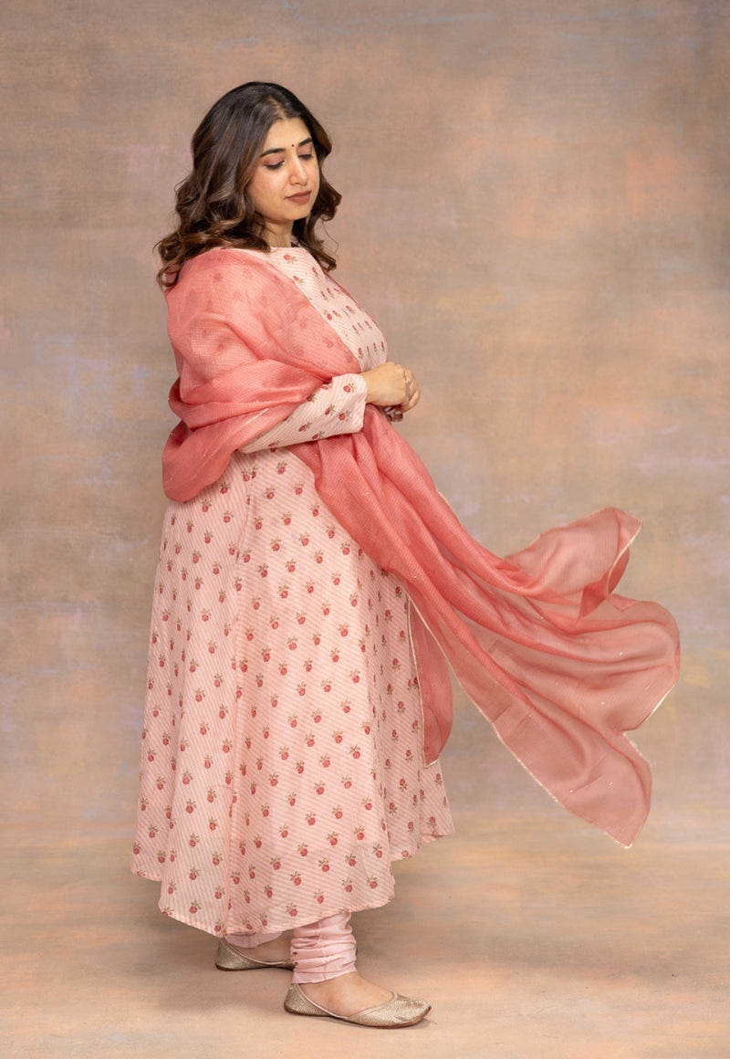 Rose Pink Sanganeri Chanderi Silk Kali Kurta with Hand Embroidery
