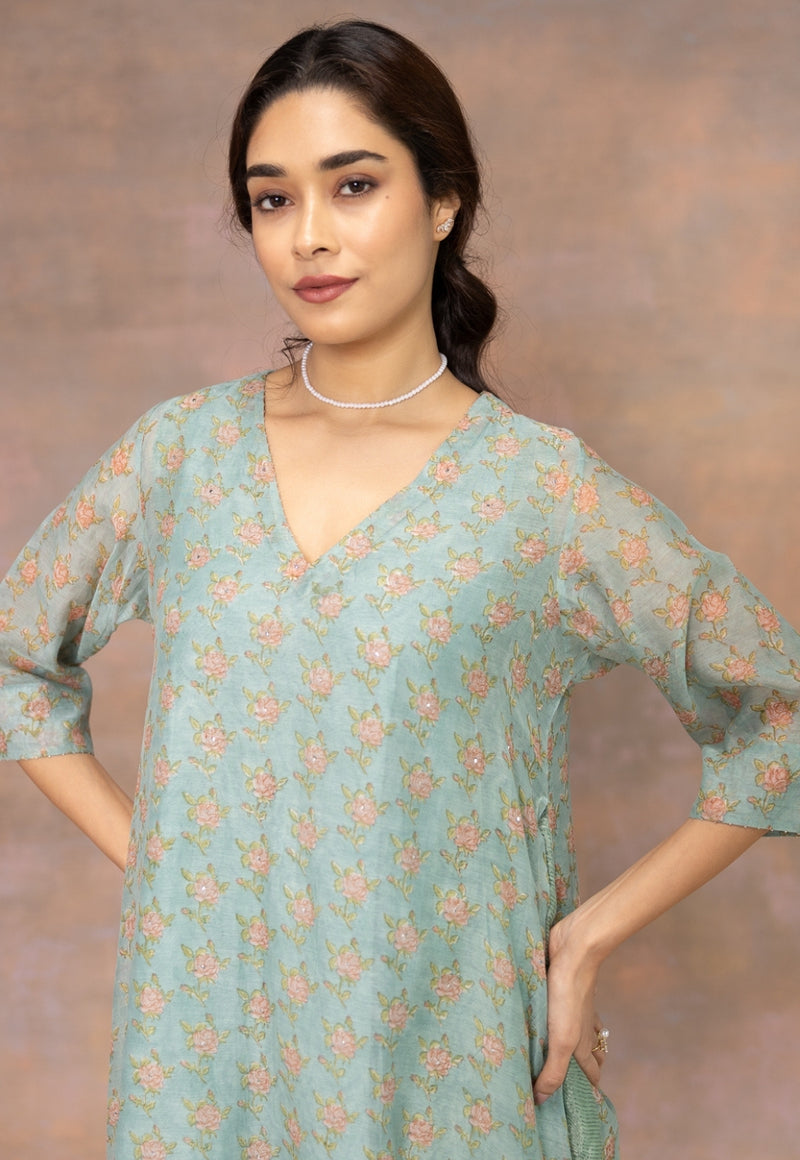 Rosalia Blue Sanganeri Chanderi Silk A Line Kurta with Hand Embroidery, Mukaish Detailing and Slip