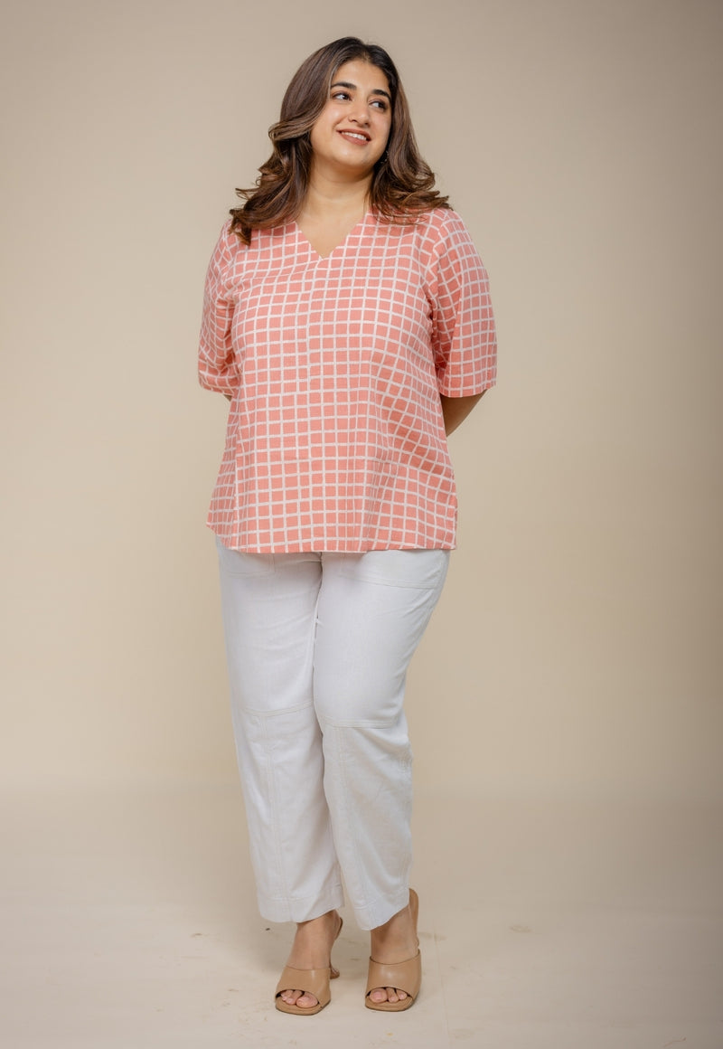 Saiya Red Hand Block Print Slub Cotton Straight Short Top