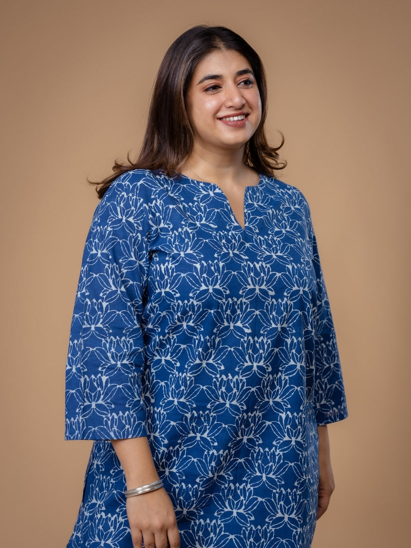 Mishel Blue Dabu Cotton Straight Short Top