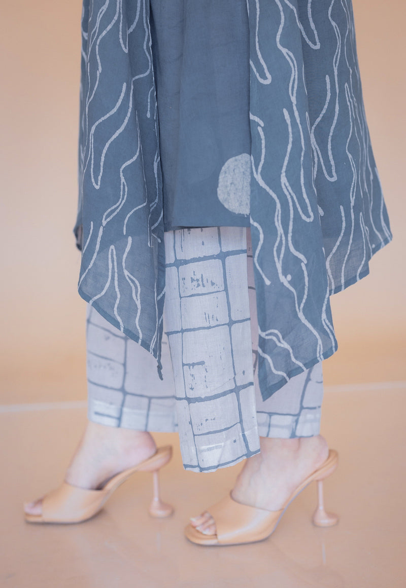 Jarsha Blue Batik MulMul A Line Kurta with Slip