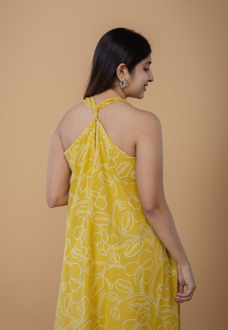 Tashi Yellow Dabu Slub Cotton A Line Dress