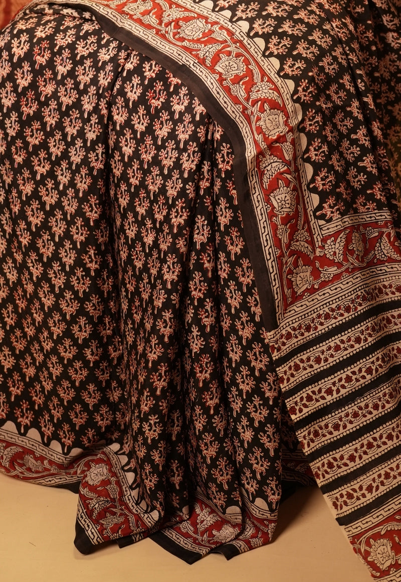 Black Butta Bagru Hand Block Print Modal Saree