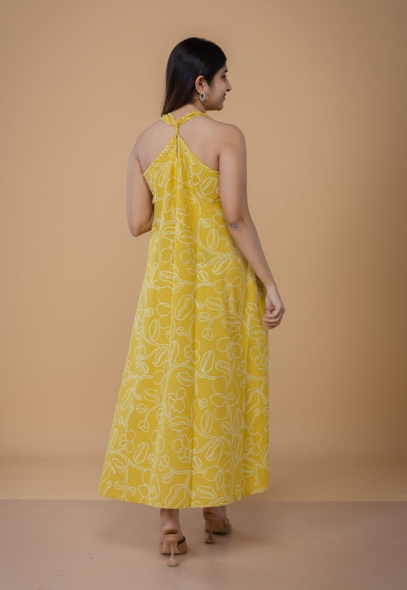 Tashi Yellow Dabu Slub Cotton A Line Dress
