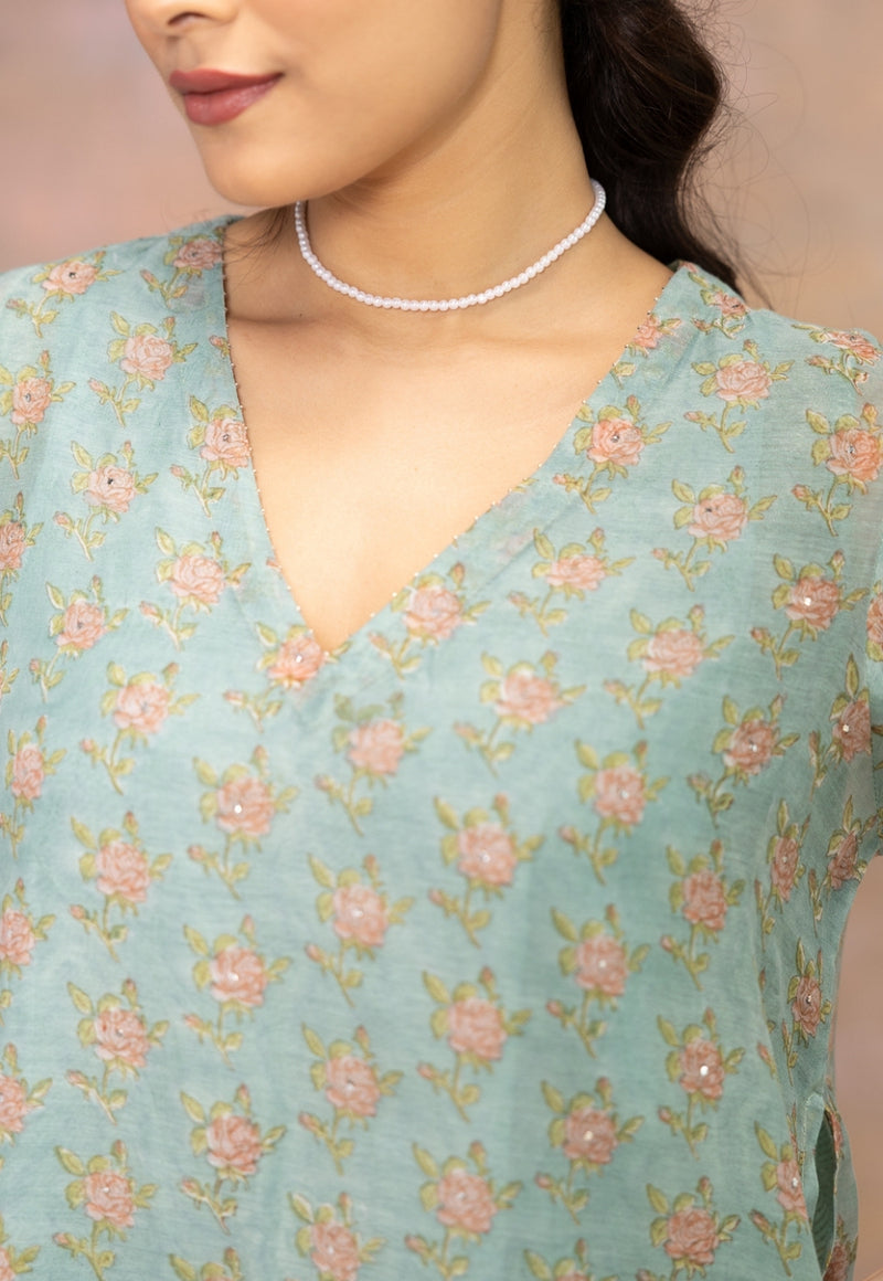 Rosalia Blue Sanganeri Chanderi Silk A Line Kurta with Hand Embroidery, Mukaish Detailing and Slip